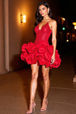 Sparkly Red Tiered Graduation Dress with Ruffles