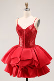 Sparkly Red A-Line Tiered Ruffled Graduation Dress