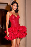 Sparkly Red Tiered Graduation Dress with Ruffles