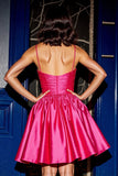Fuchsia Ruched Satin Graduation Dress with 3D Flowers