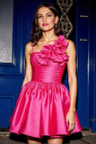 Fuchsia Ruched Satin Graduation Dress with 3D Flowers