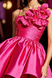 Fuchsia Ruched Satin Graduation Dress with 3D Flowers