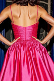 Fuchsia Ruched Satin Graduation Dress with 3D Flowers