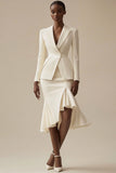 Ivory 2 Piece Peak Lapel Midi Work Dress with Ruffles