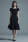 A Line Short Sleeves Navy Midi Work Dress