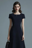 A Line Short Sleeves Navy Midi Work Dress