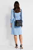 Polo Collar Blue Midi Work Dress with Long Sleeves