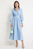 Blue A Line Ruched Polo Collar Work Dress with Long Sleeves