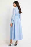 Blue A Line Ruched Polo Collar Work Dress with Long Sleeves