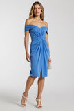 Blue Ruched Off The Shoulder Bodycon Work Dress with Slit