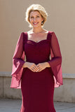 Burgundy Mermaid Chiffon Mother of the Bride Dress with Long Sleeves