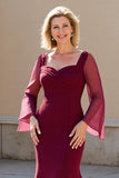 Burgundy Mermaid Chiffon Mother of the Bride Dress with Long Sleeves
