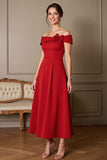 Dark Red Off the Shoulder Tea Length Mother of the Bride Dress
