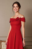 Dark Red Off the Shoulder Tea Length Mother of the Bride Dress