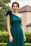 Pine One Shoulder A Line Mother of the Bride Dress with 3D Flowers