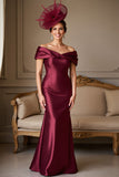 Burgundy Satin Mermaid Off the Shoulder Mother of the Bride Dress