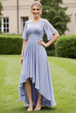 Grey Blue Chiffon Appliqued High Low Mother of the Bride Dress with Short Sleeves
