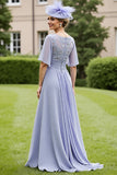 Grey Blue Chiffon Appliqued High Low Mother of the Bride Dress with Short Sleeves