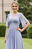 Grey Blue Chiffon Appliqued High Low Mother of the Bride Dress with Short Sleeves