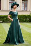 Pine Off the Shoulder Satin A Line Mother of the Bride Dress with Pockets