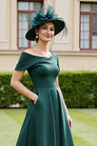 Pine Off the Shoulder Satin A Line Mother of the Bride Dress with Pockets