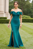 Mermaid Peacock Green Off the Shoulder Mother of the Bride Dress with Slit