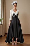 High Low Satin A Line Black and White Mother of the Bride Dress with Appliques