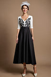 Black and White A Line Satin Midi Mother of the Bride Dress with Appliques