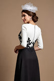 Black and White A Line Satin Midi Mother of the Bride Dress with Appliques