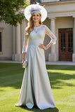 Silver Satin A Line Mother of the Bride Dress with Appliques