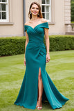 Peacock Green Ruched Mermaid Off the Shoulder Mother of the Bride Dress with Slit