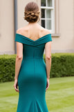 Peacock Green Ruched Mermaid Off the Shoulder Mother of the Bride Dress with Slit