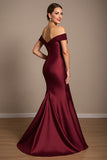 Off The Shoulder Burgundy Mermaid Satin Mother Of The Bride Dress