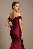 Off The Shoulder Burgundy Mermaid Satin Mother Of The Bride Dress