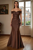 Off The Shoulder Mermaid Satin Brown Formal Dress With Draped Bow