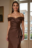 Off The Shoulder Mermaid Satin Brown Formal Dress With Draped Bow