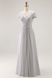Silver A Line V Neck Ruched Mother Of The Bride Dress
