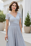 Sparkly Silver V Neck A Line Mother Of The Bride Dress