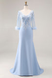 Sky Blue Apppliques V Neck Mermaid Mother Of The Bride Dress with Sleeves