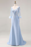 Sky Blue Apppliques V Neck Mermaid Mother Of The Bride Dress with Sleeves