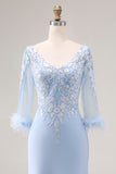 Sky Blue Apppliques V Neck Mermaid Mother Of The Bride Dress with Sleeves