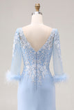 Sky Blue Apppliques V Neck Mermaid Mother Of The Bride Dress with Sleeves