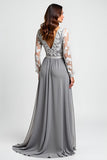 Long Sleeve Silver Asymmetrical Mother Of The Bride Dress With Appliques