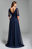 Navy A Line V Neck Long Mother Of The Bride Dress
