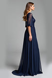 Navy A Line V Neck Long Mother Of The Bride Dress