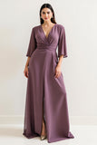 Purple A Line V Neck Mother Of The Bride Dress With Slit
