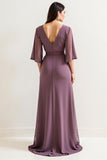 Purple A Line V Neck Mother Of The Bride Dress With Slit