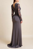 Long Sleeve Steel Grey Beaded Mother Of The Bride Dress