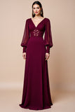 Long Sleeve Burgundy V Neck Mother Of The Bride Dress With Appliques