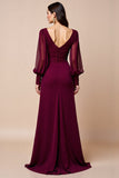 Long Sleeve Burgundy V Neck Mother Of The Bride Dress With Appliques